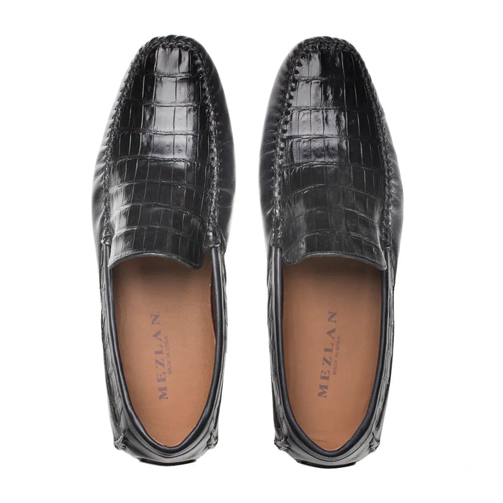 Mezlan RX7347-F Men's Shoes Black Exotic Crocodile / Calf-Skin Leather Driver Moccasin Loafers (MZ3469)