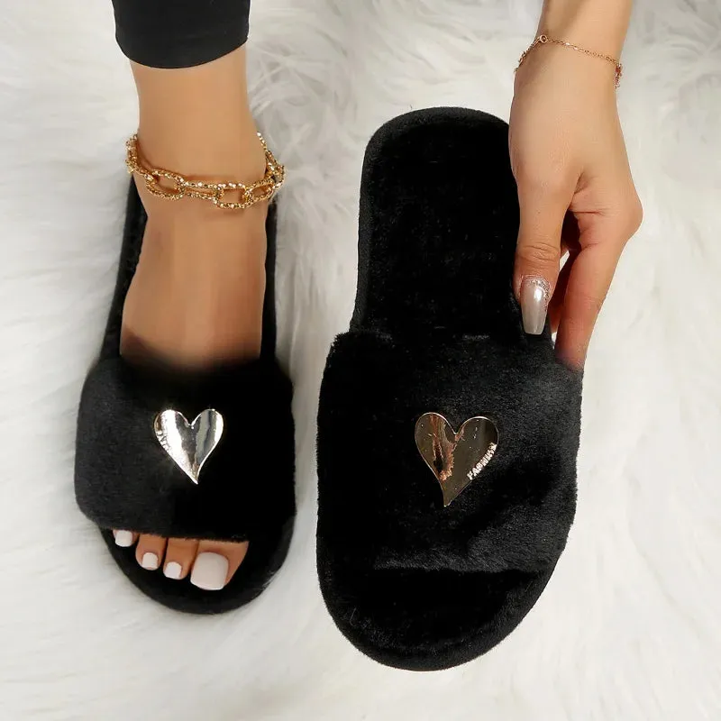 Plush Women's Slippers with Metallic Heart