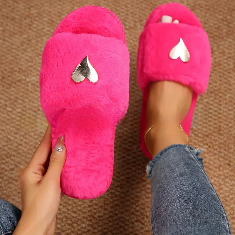 Plush Women's Slippers with Metallic Heart