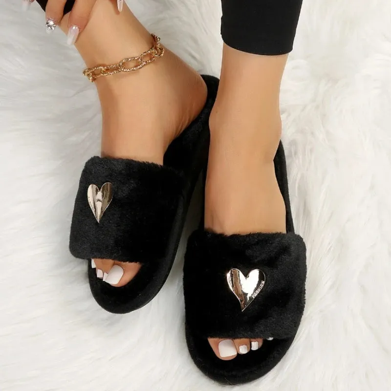 Plush Women's Slippers with Metallic Heart