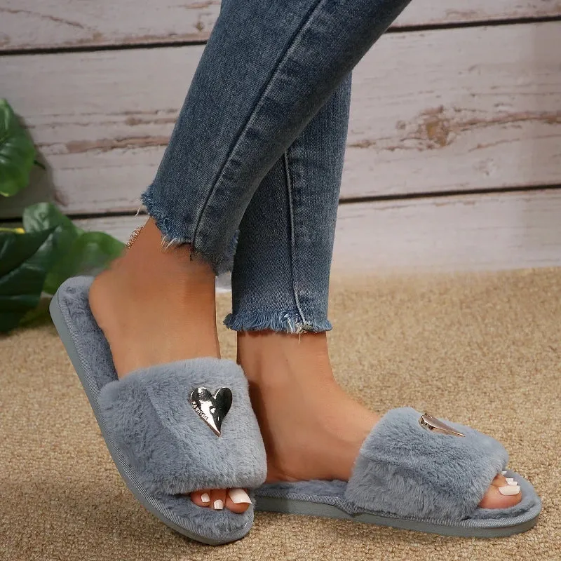 Plush Women's Slippers with Metallic Heart