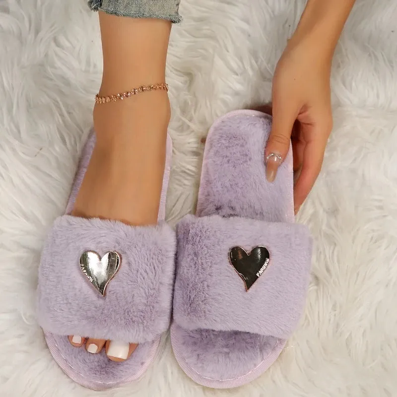 Plush Women's Slippers with Metallic Heart