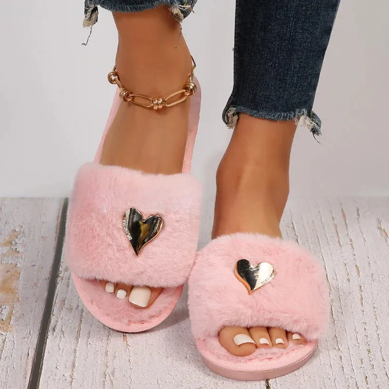 Plush Women's Slippers with Metallic Heart