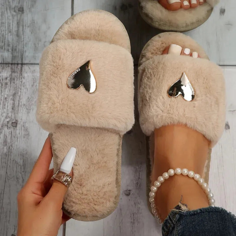 Plush Women's Slippers with Metallic Heart