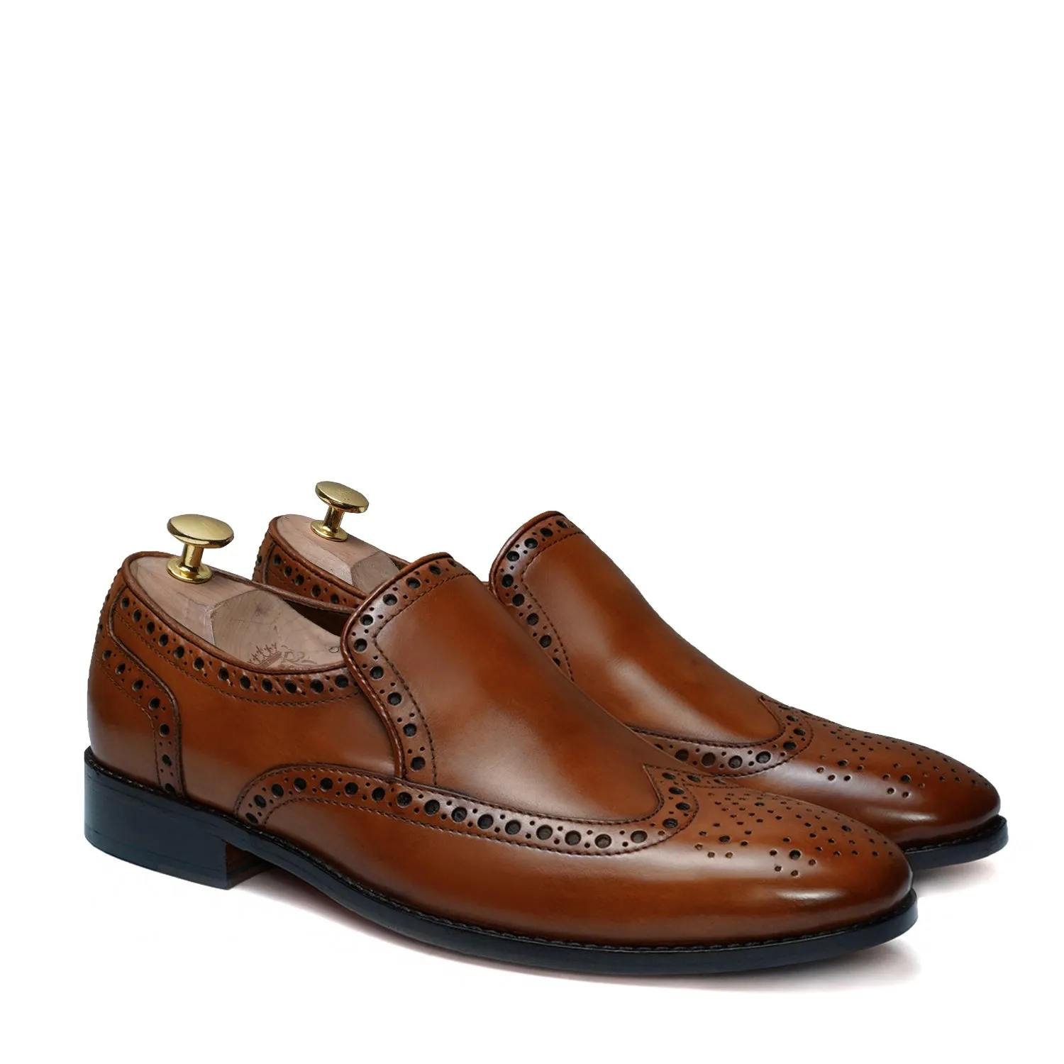 Punching Brogue Formal Slip-On Shoes in Genuine Tan Leather