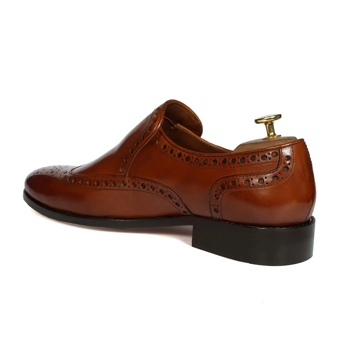 Punching Brogue Formal Slip-On Shoes in Genuine Tan Leather