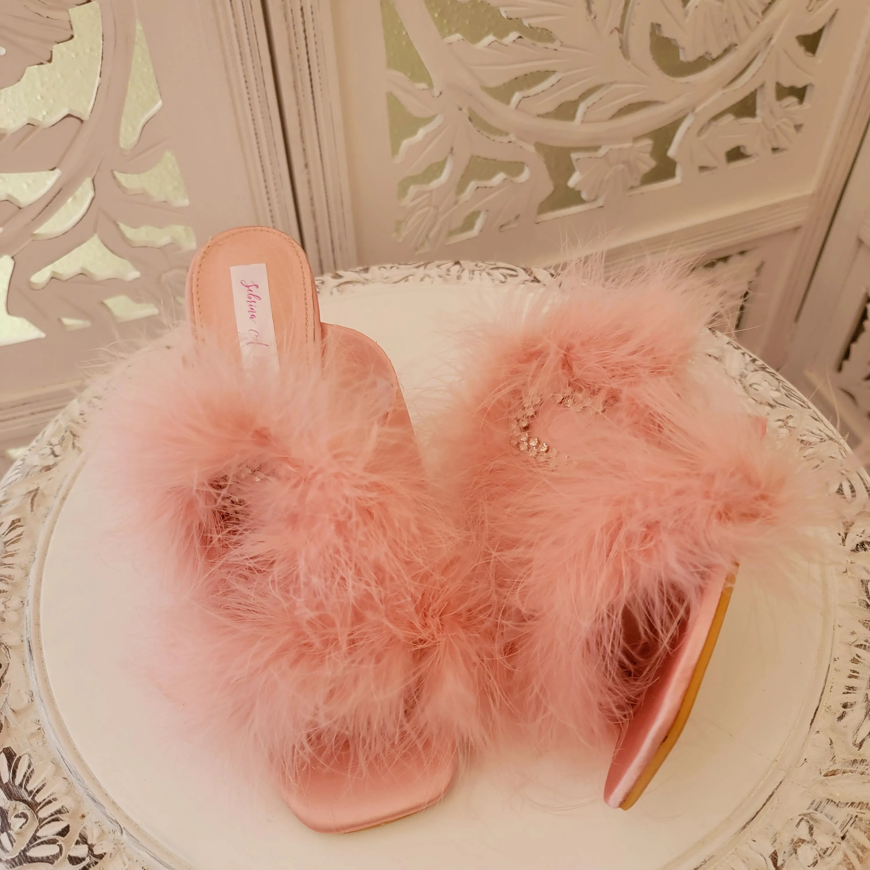 "LADY HELENA" Blush Feather Crystal Satin Clear Heel Mules