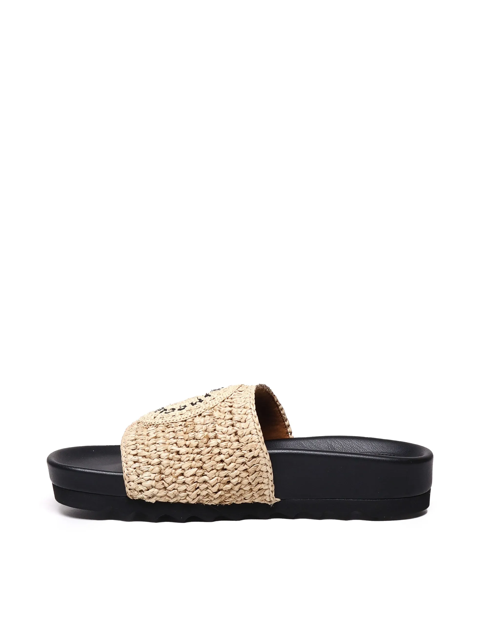 Raffia Rubber Slippers in Black and Beige