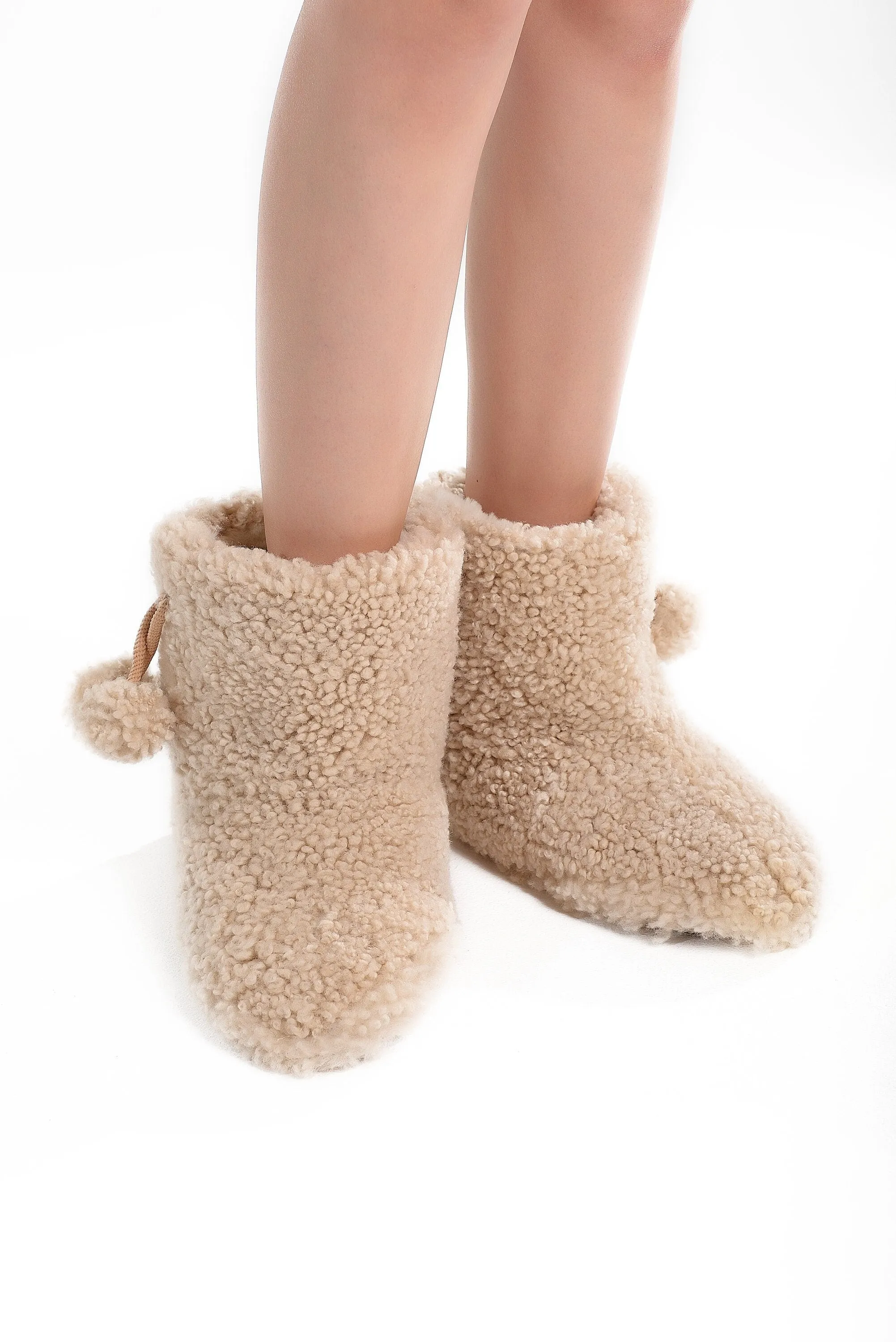 Real Womens Boucle Sheepskin Slipper Home Boots in Beige Color With Pom Pom