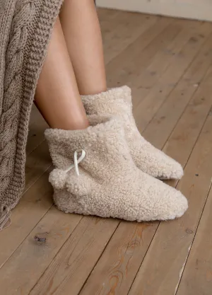 Real Womens Boucle Sheepskin Slipper Home Boots in Beige Color With Pom Pom