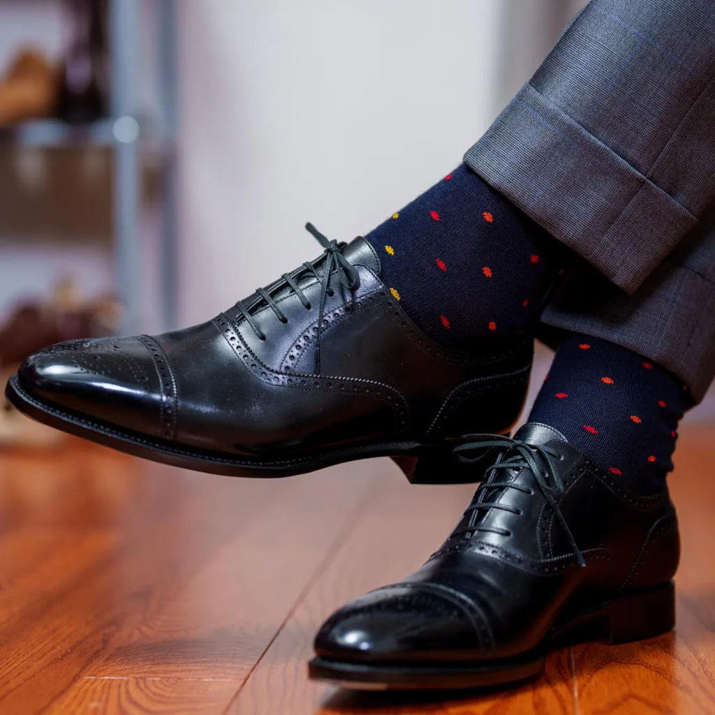 Tri-Color Dots on Navy Merino Wool Mid-Calf Dress Socks