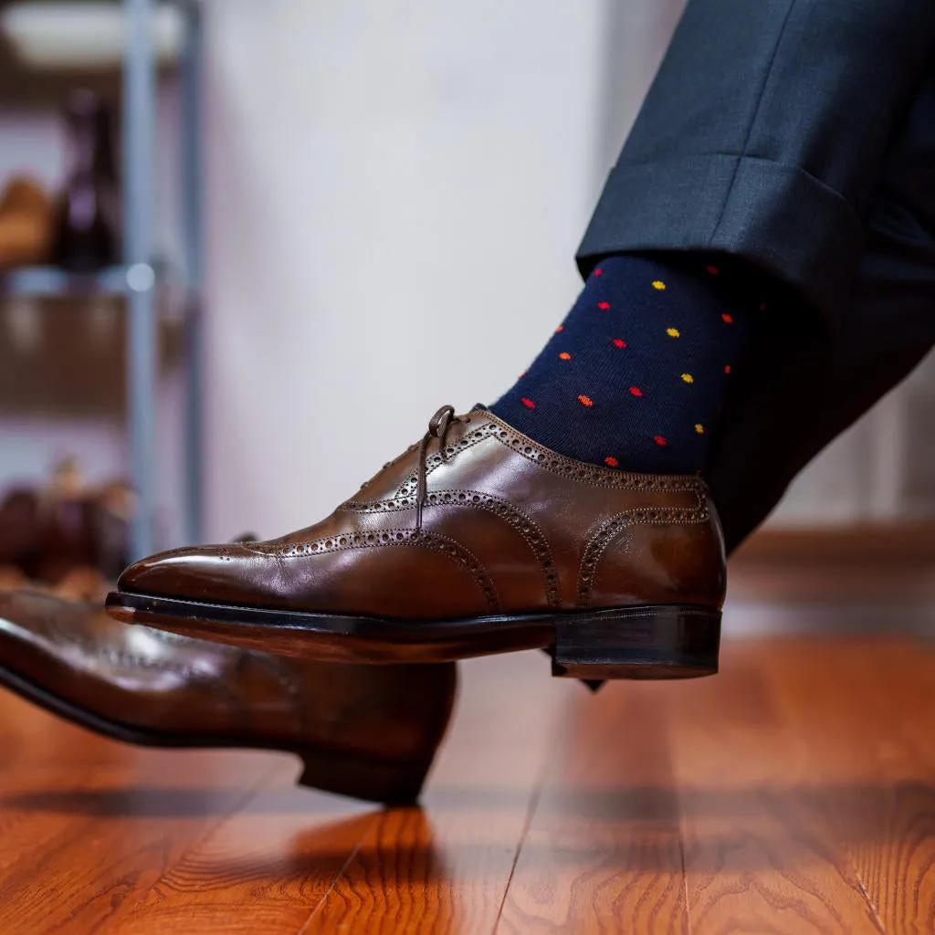 Tri-Color Dots on Navy Merino Wool Mid-Calf Dress Socks