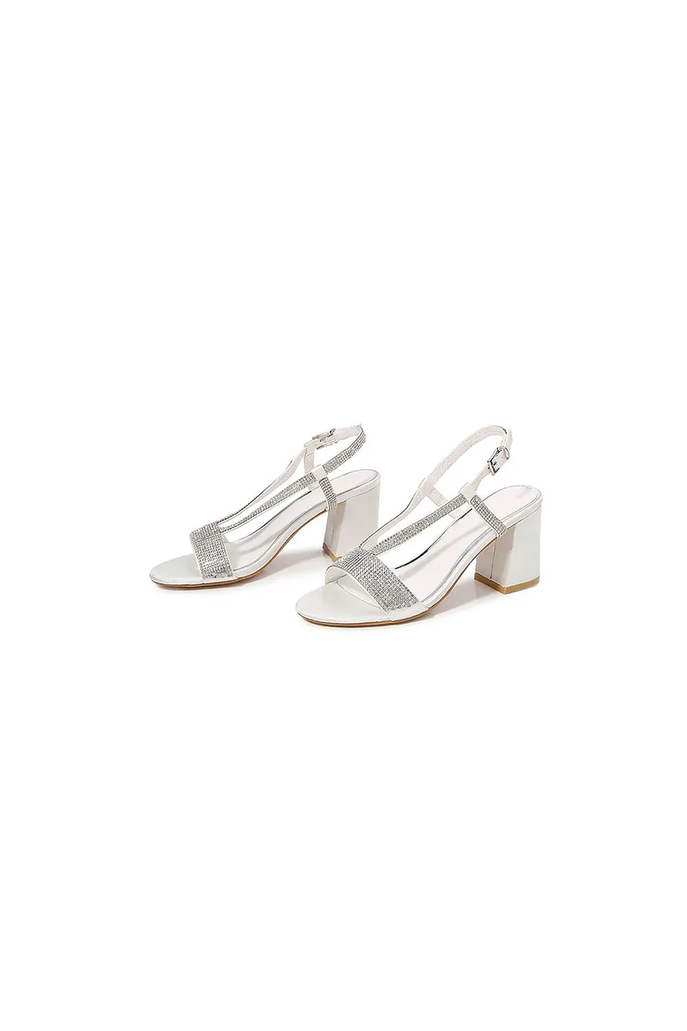 White Rhineshones Open Toe Block Heel Sandal