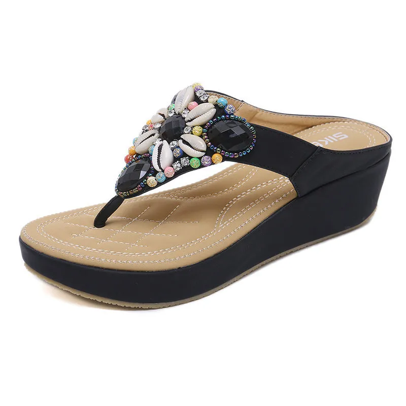 Women beaded holiday travel slide thick sole flip flop sandals