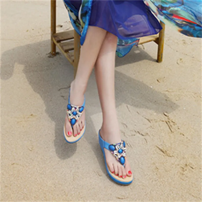 Women beaded holiday travel slide thick sole flip flop sandals