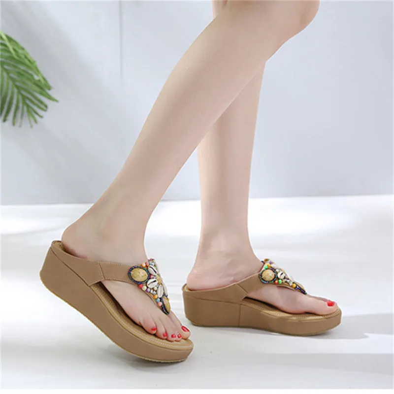 Women beaded holiday travel slide thick sole flip flop sandals