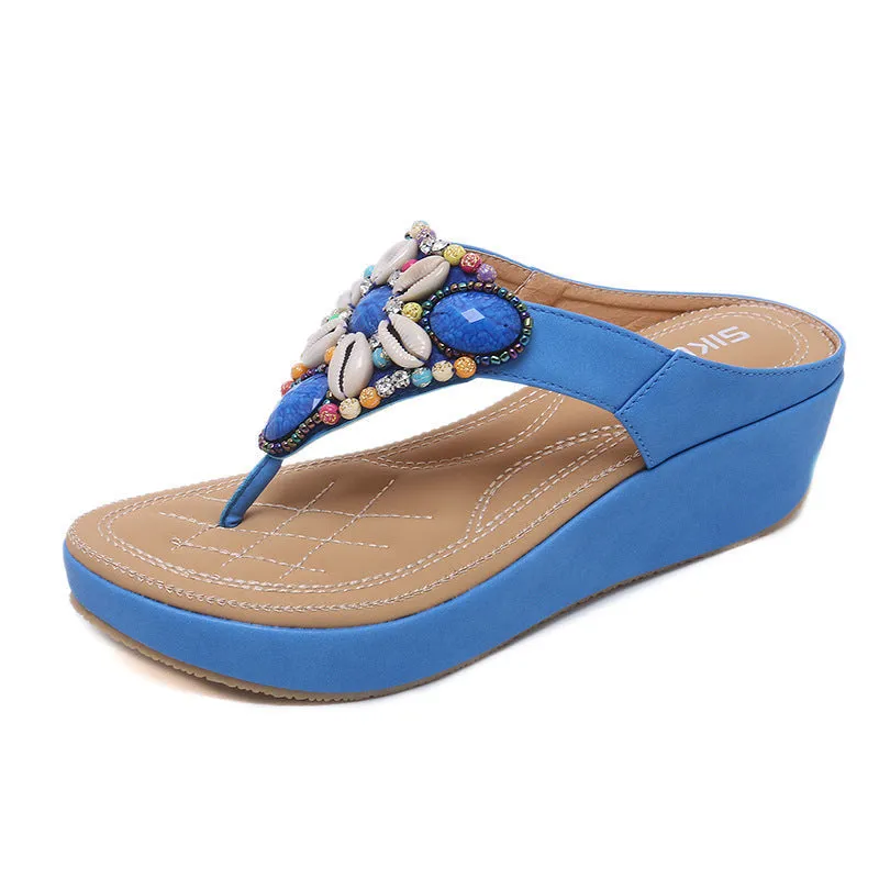 Women beaded holiday travel slide thick sole flip flop sandals