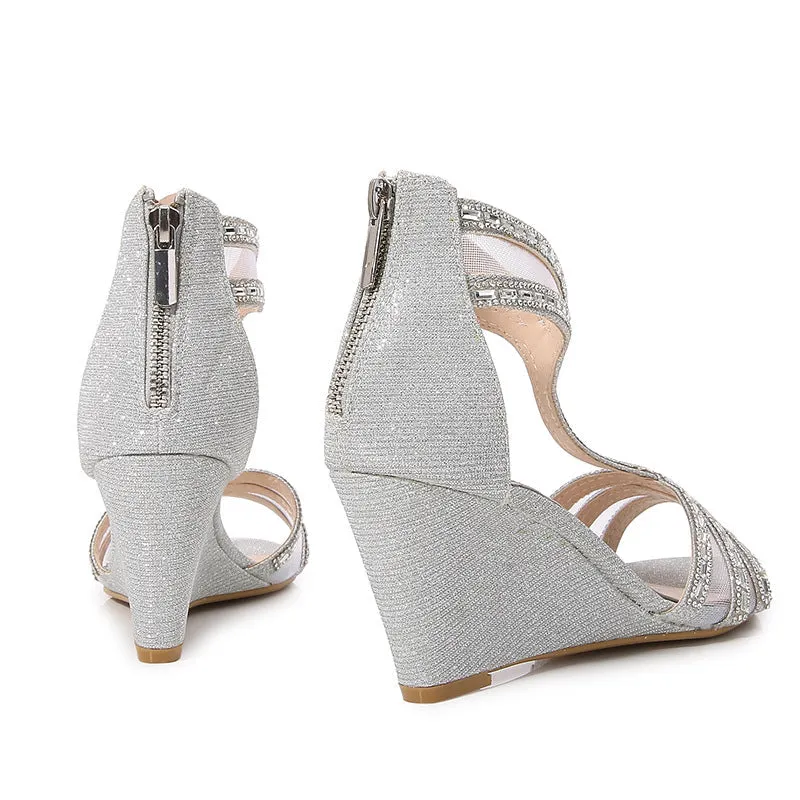 Women sequin peep toe hollow summer wedge silver sandals