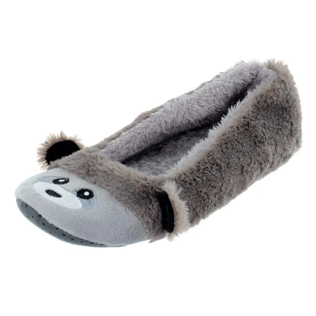 Womens Novelty Faux Fur Racoon Slip On Ballet Slippers