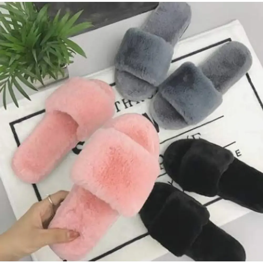 Women's Stylish Comfy Solid Grey Fur Open-Toe Slides