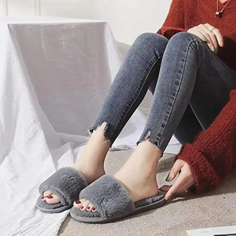 Women's Stylish Comfy Solid Grey Fur Open-Toe Slides