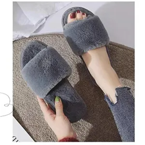 Women's Stylish Comfy Solid Grey Fur Open-Toe Slides