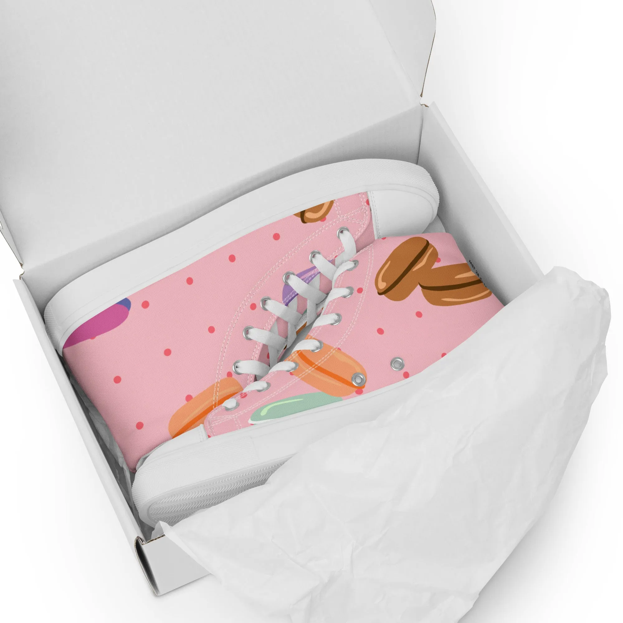 Women's Stylish High Top Canvas Shoes with a Fun Macaroon Design.