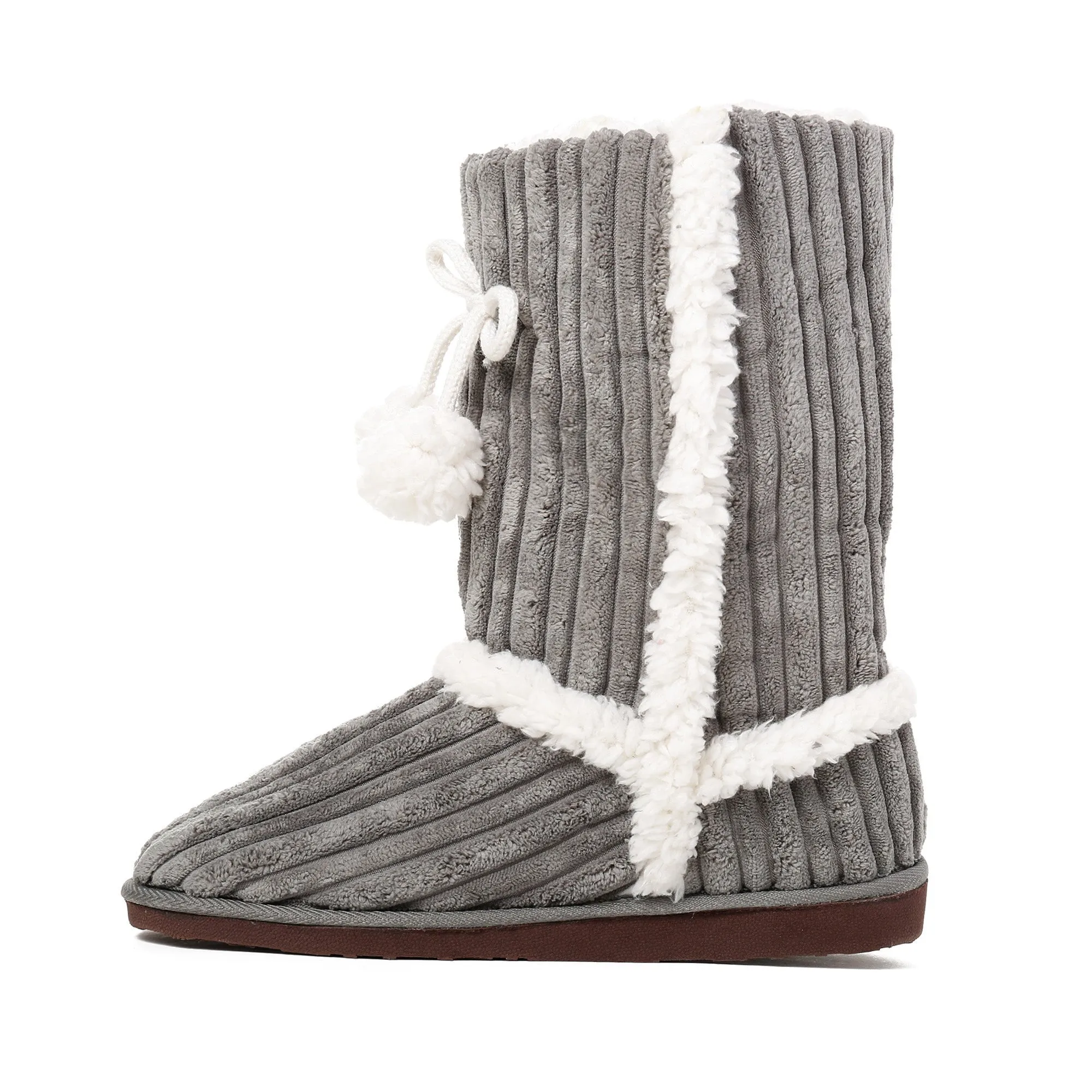 Women's Textured Shearling Tall Boot Slipper with Pom Detail