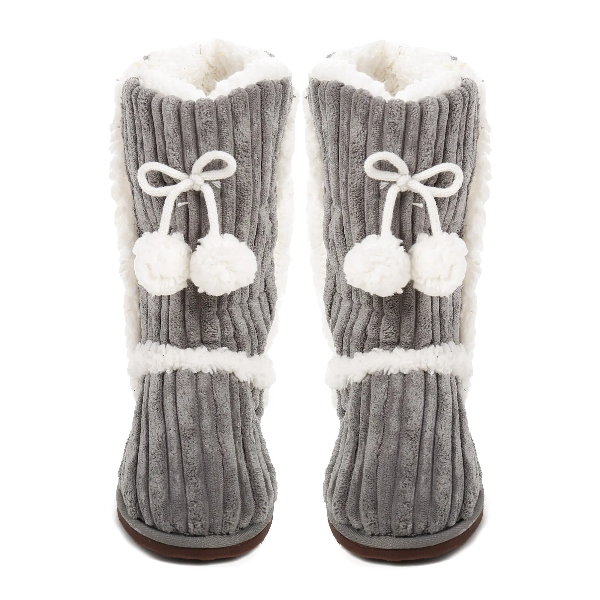 Women's Textured Shearling Tall Boot Slipper with Pom Detail