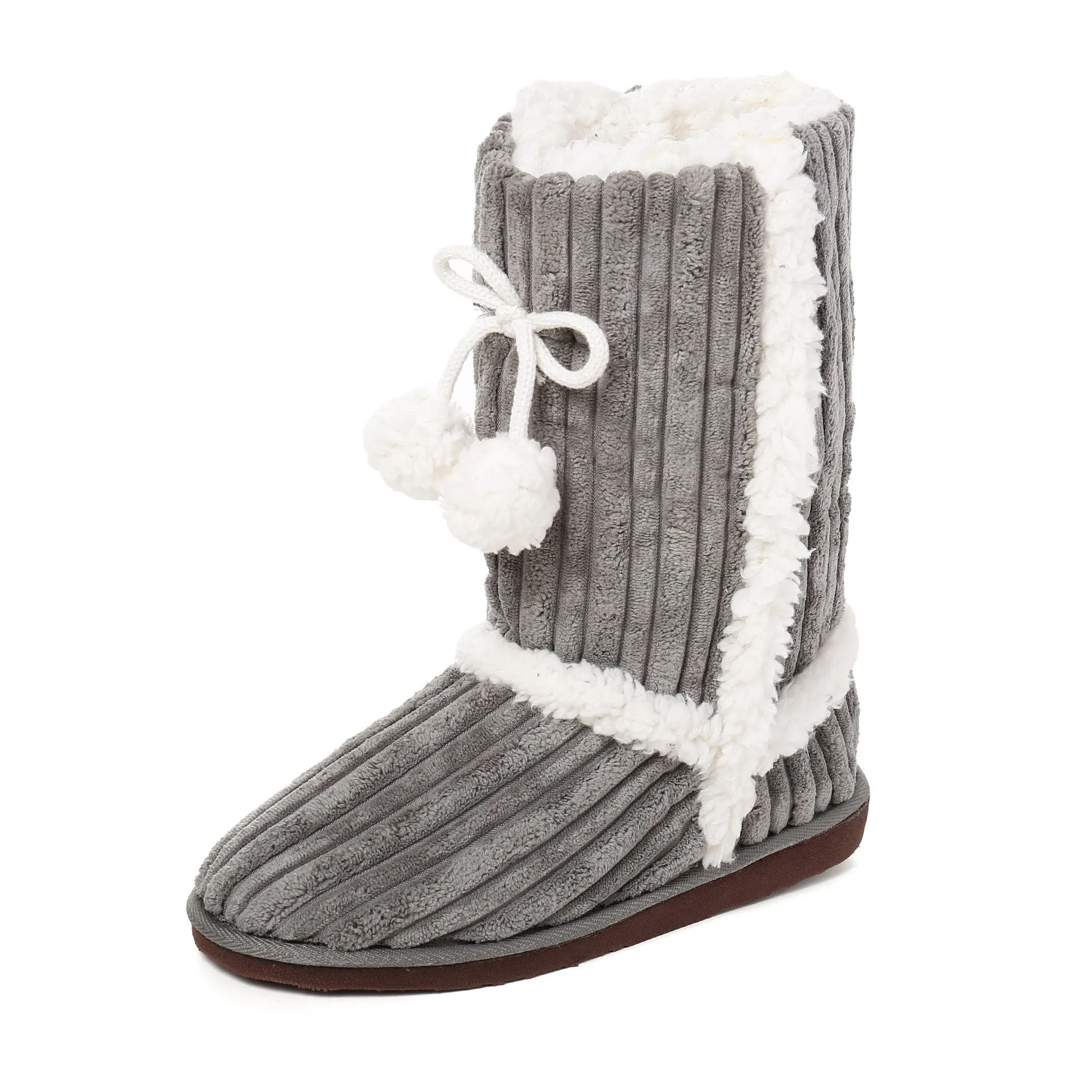 Women's Textured Shearling Tall Boot Slipper with Pom Detail