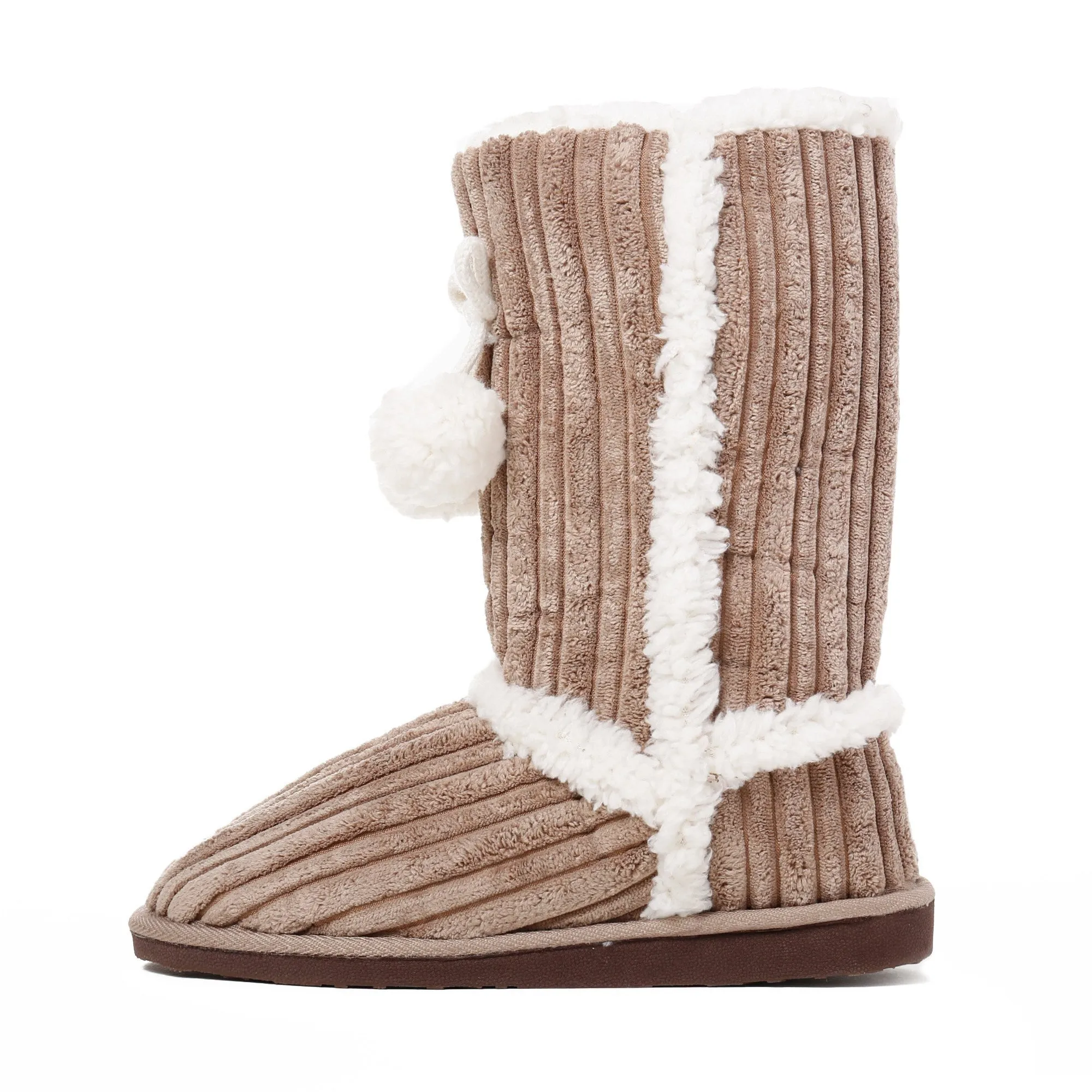 Women's Textured Shearling Tall Boot Slipper with Pom Detail