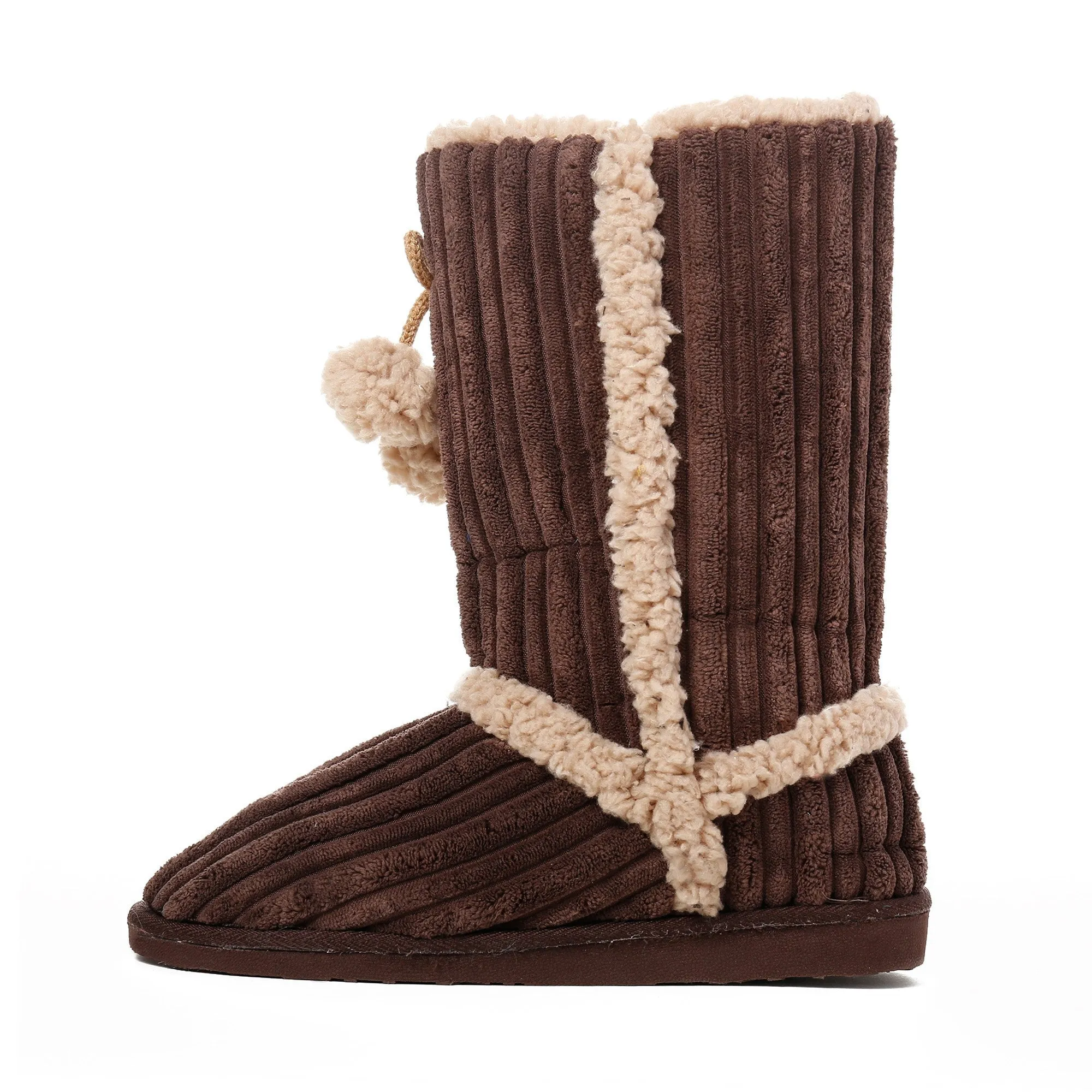 Women's Textured Shearling Tall Boot Slipper with Pom Detail