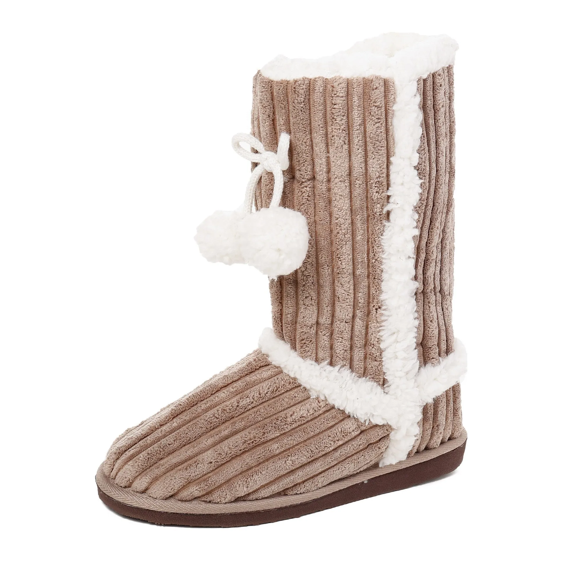 Women's Textured Shearling Tall Boot Slipper with Pom Detail